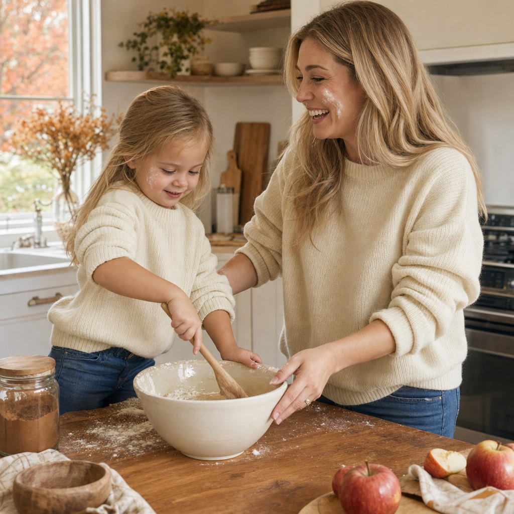 Chunky Knit Mommy & Me Sweater - mom and daughter baking at home