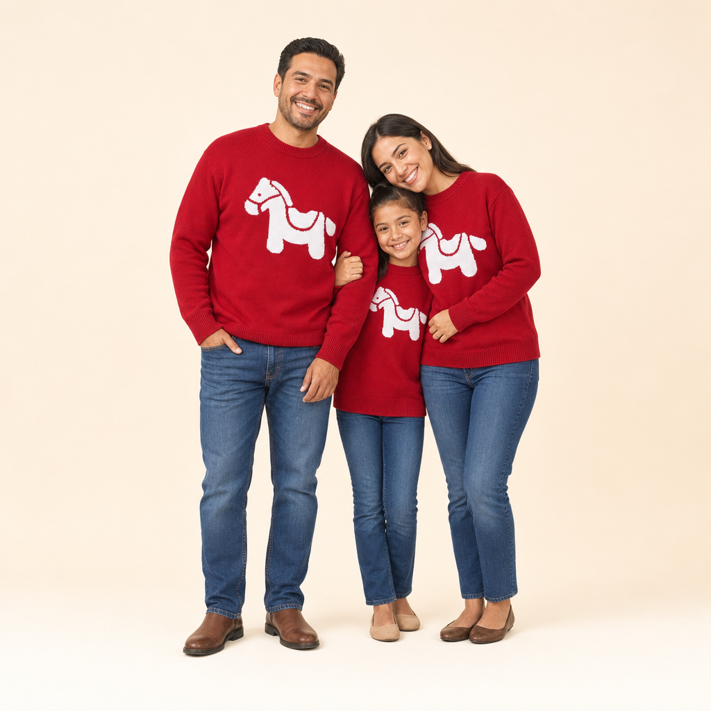 Little Horse Family Matching Sweater - mom, dad and daughter in matching sweaters