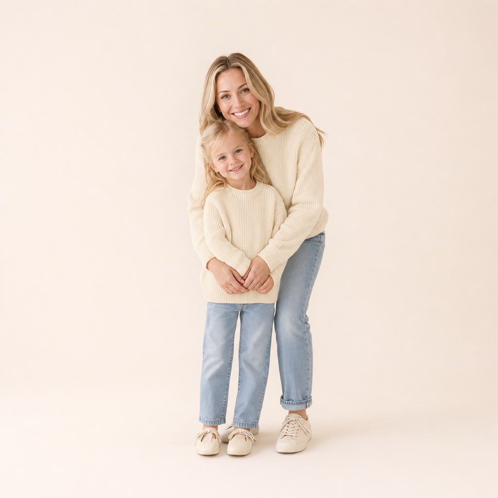 Chunky Knit Mommy & Me Sweater - mom and daughter in matching ivory sweaters