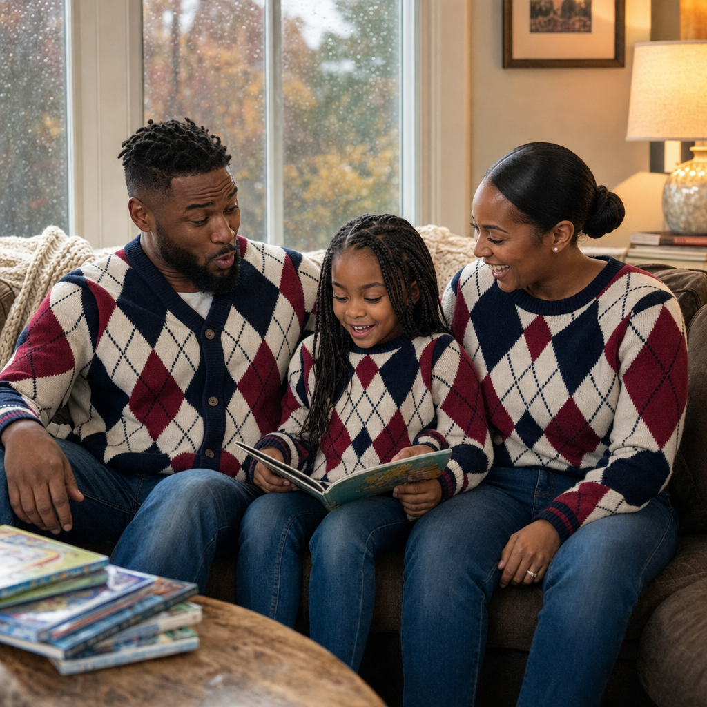 Cabin Knit Family Matching Cardigan - family reading together at home