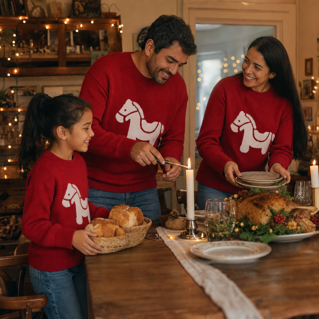 Little Horse Family Matching Sweater - family setting the table for a holiday dinner
