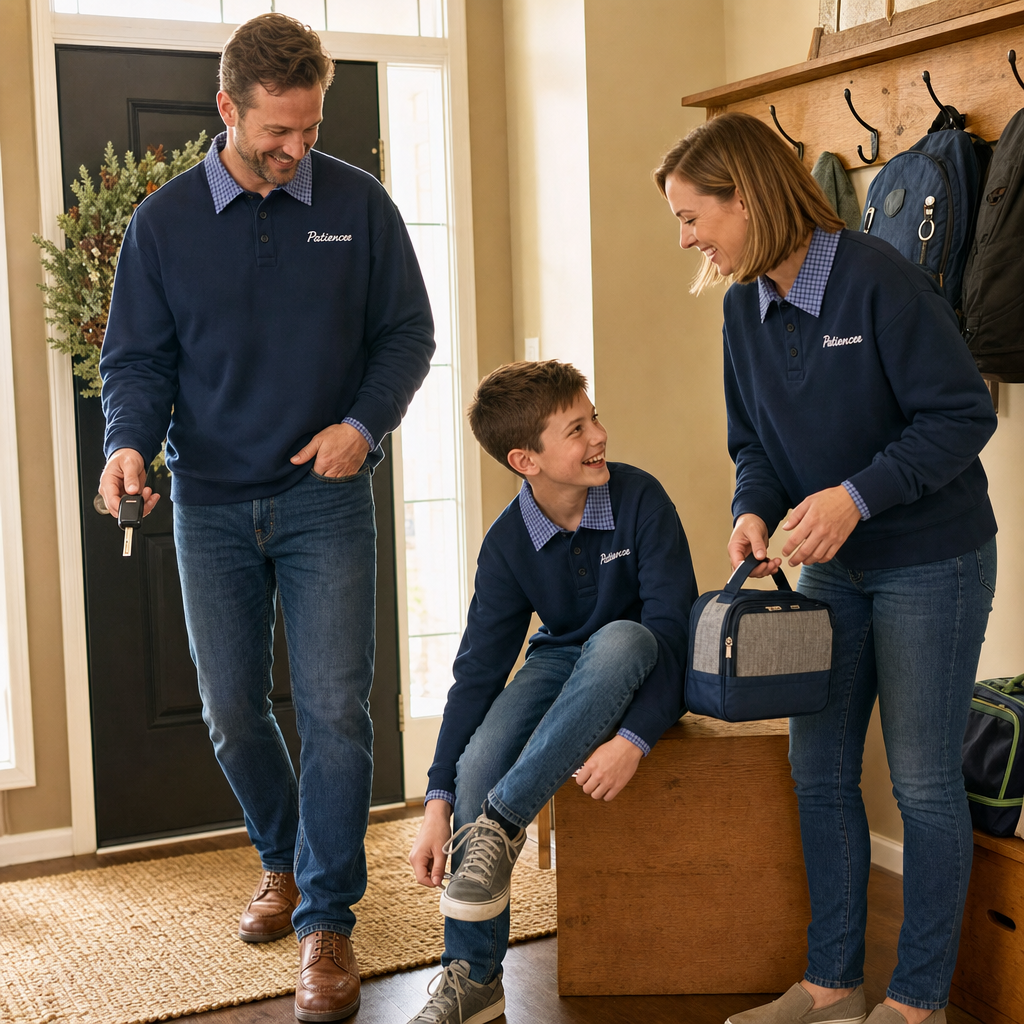 Campus Plaid Family Matching Pullover - family getting ready for school
