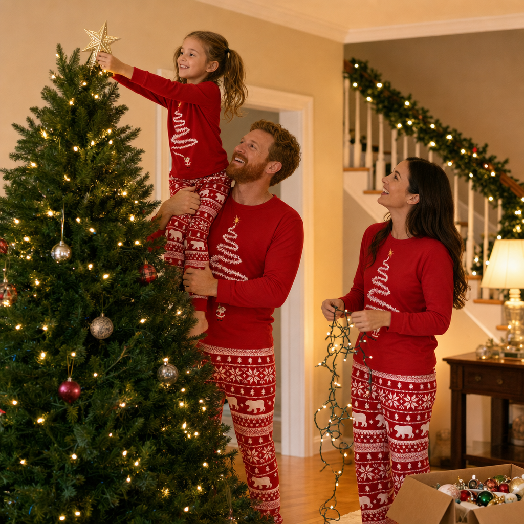 Evergreen Family Christmas Set - family decorating the Christmas tree