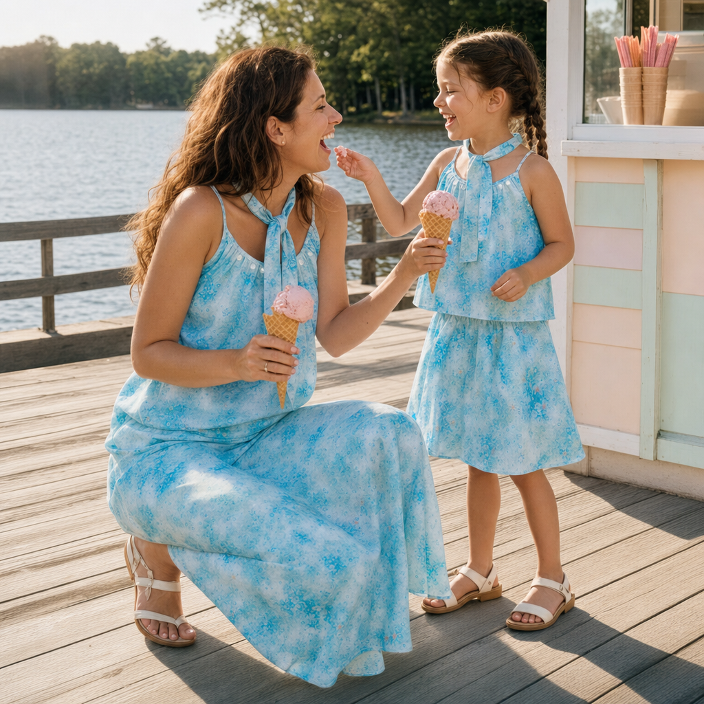 Lake Blue Mommy & Me Dress Set - mom and daughter on a lakeside boardwalk