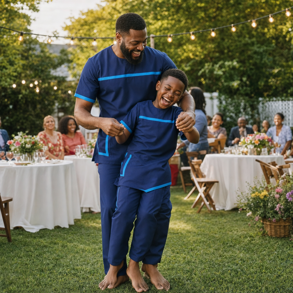 Bazin Two-Piece Father & Son Set - dad and son dancing at a family celebration
