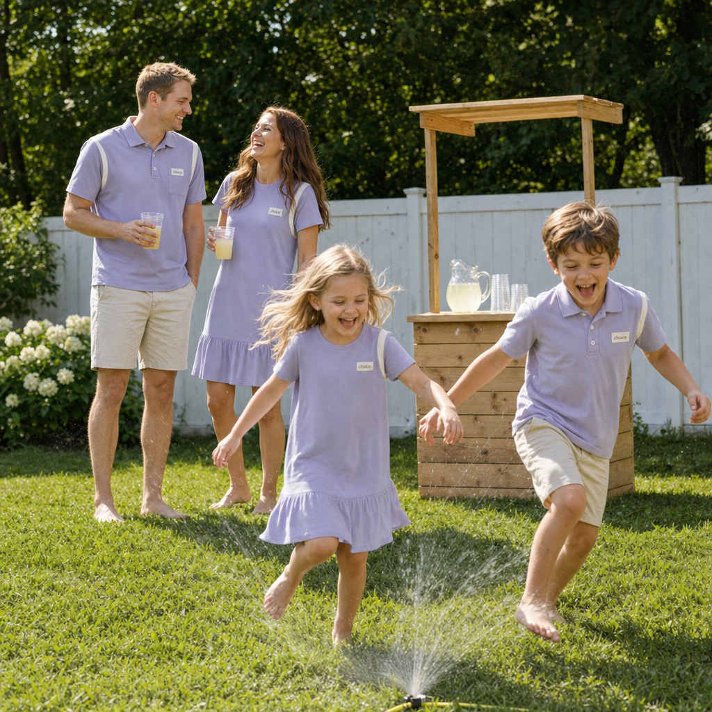 Sunny Letters Family Matching Set - family playing in the backyard sprinkler