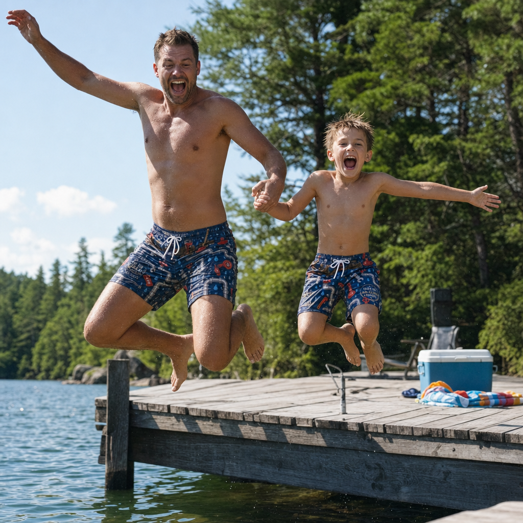 Quick-Dry Father & Son Swim Trunks - dad and son jumping off a lake dock