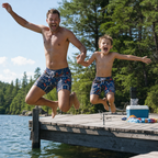 Quick-Dry Father & Son Swim Trunks - dad and son jumping off a lake dock