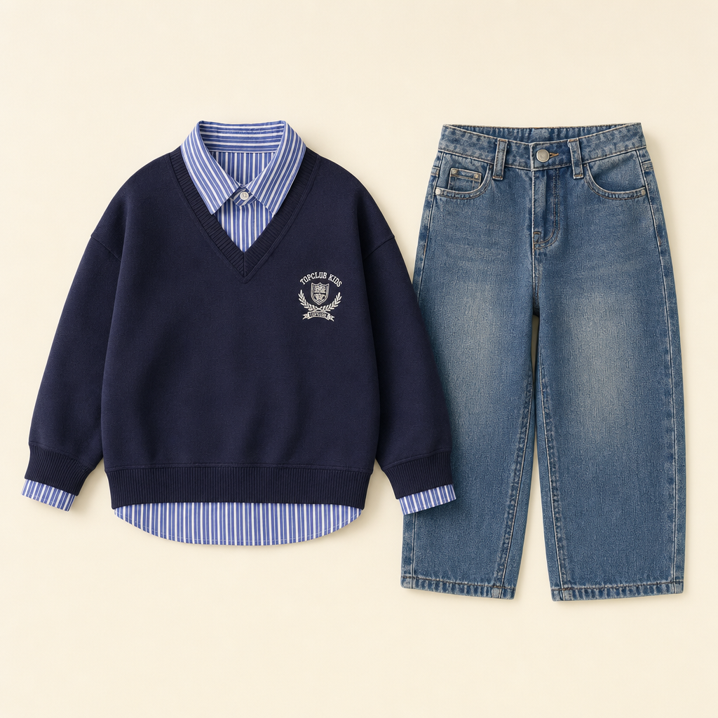 Prep Club Kids' Sweater & Jeans Set - flat lay, front