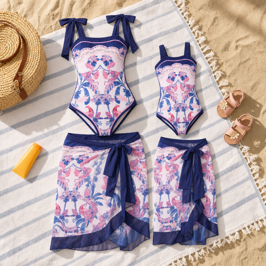 Mesh Skirt Mommy & Me Swimsuit - women's and girls' swimsuits on a beach towel