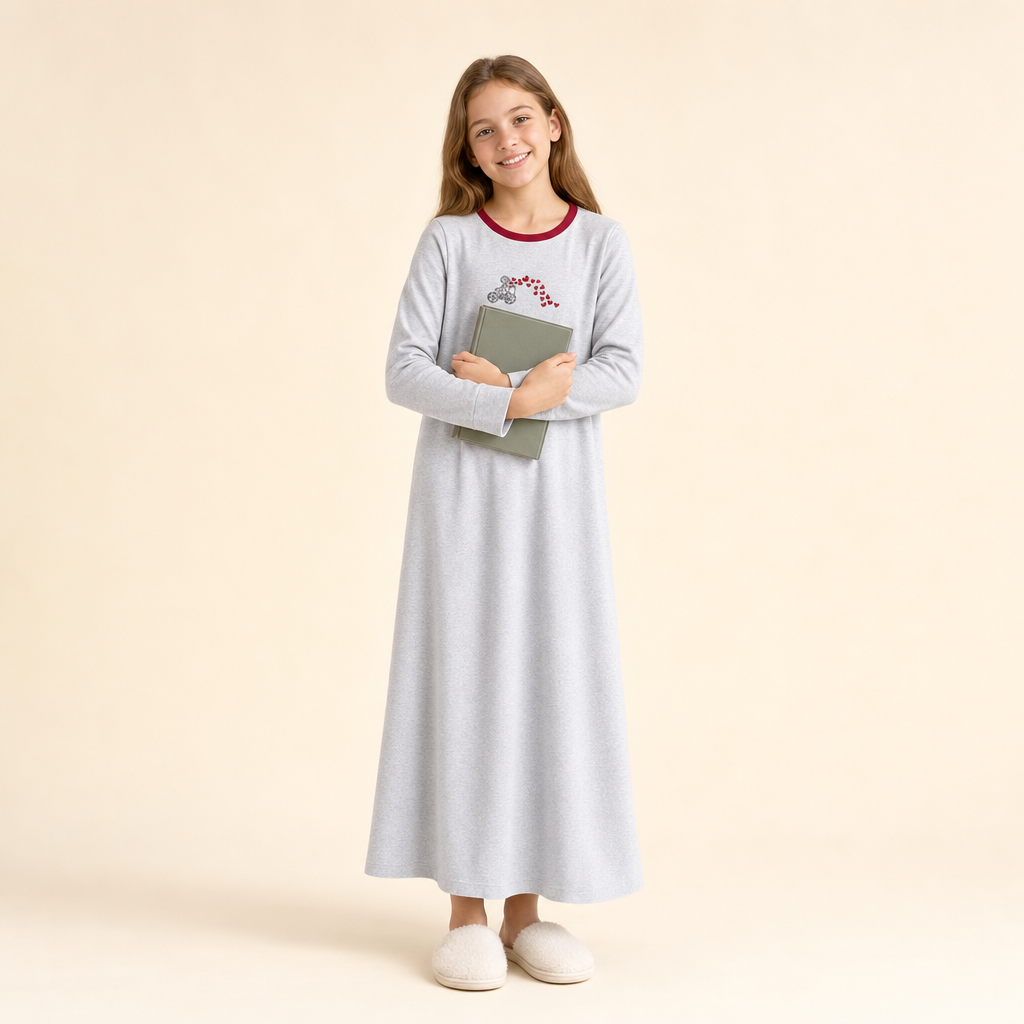 Embroidered Cotton Girls' Nightgown Set - long nightgown