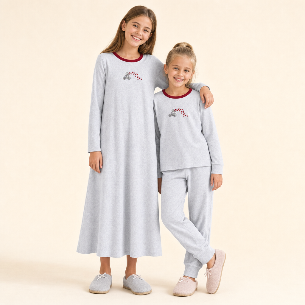 Embroidered Cotton Girls' Nightgown Set - sisters in the nightgown and two-piece set