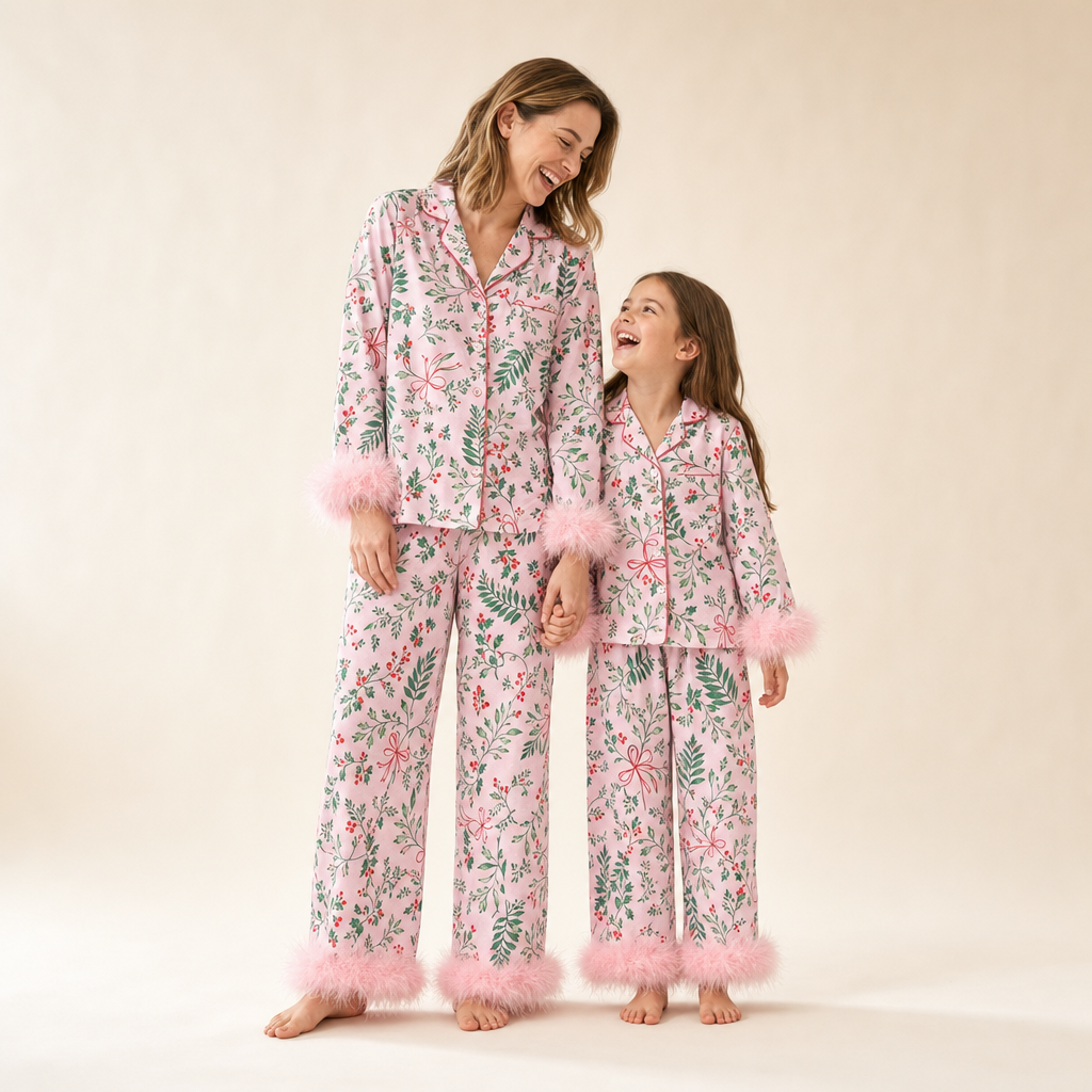 Palm Leaf Mommy & Me Pajama Set - mom and daughter in matching lounge sets