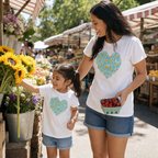 Bloom & Heart Mommy & Me Tee - mom and daughter at the farmers market