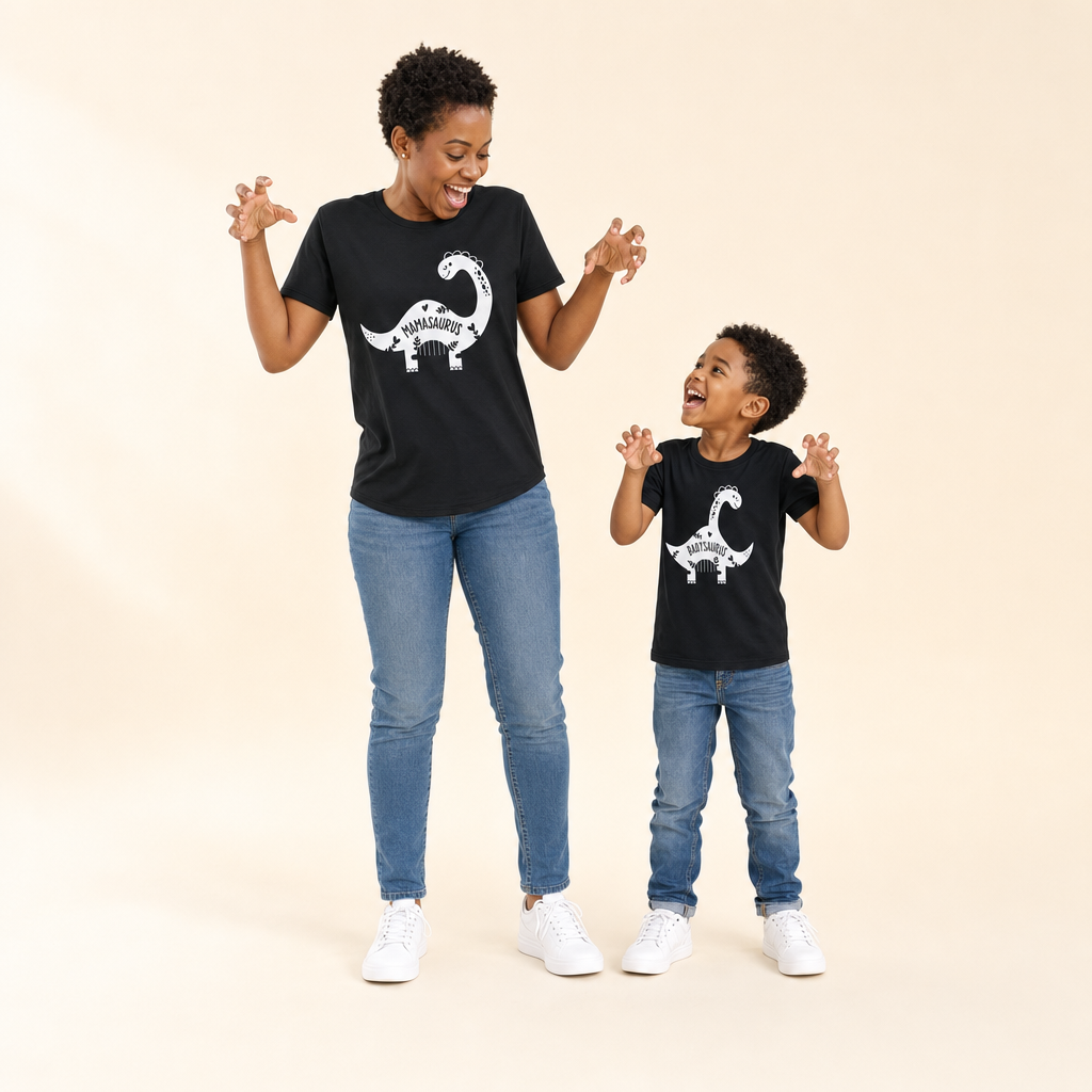Mama Saurus Mommy & Me Tee - mom and son in Mama and Mini tees