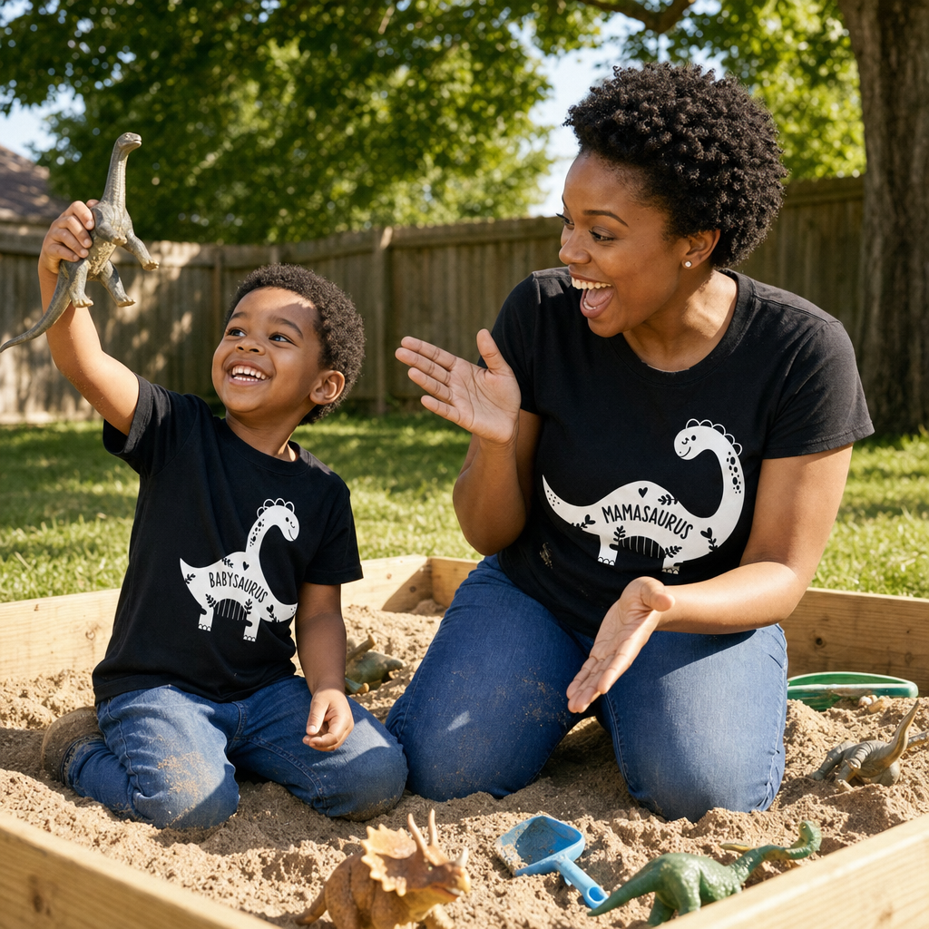 Mama Saurus Mommy & Me Tee - dinosaur dig in the backyard