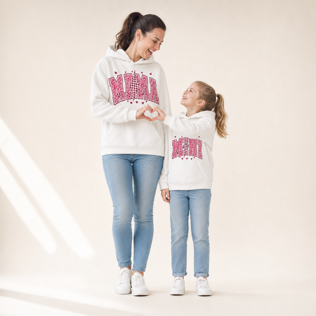 Mama & Mini Valentine Sweater - mom and daughter in matching hoodies