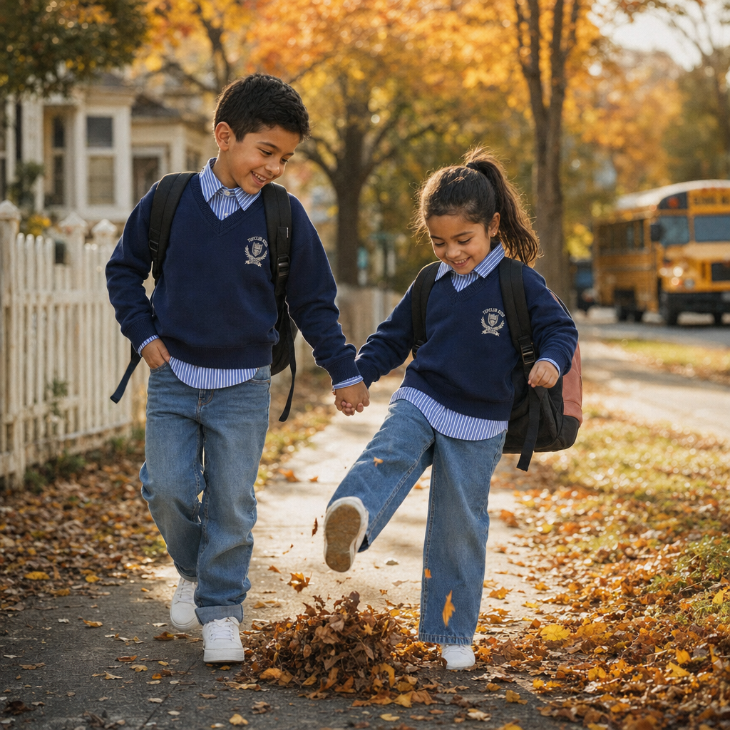 Prep Club Kids' Sweater & Jeans Set - siblings walking to school