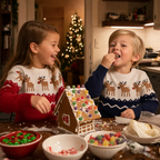 Christmas Elk Kids' Knit Sweater - siblings decorating a gingerbread house