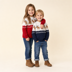 Christmas Elk Kids' Knit Sweater - siblings in the red and navy sweaters
